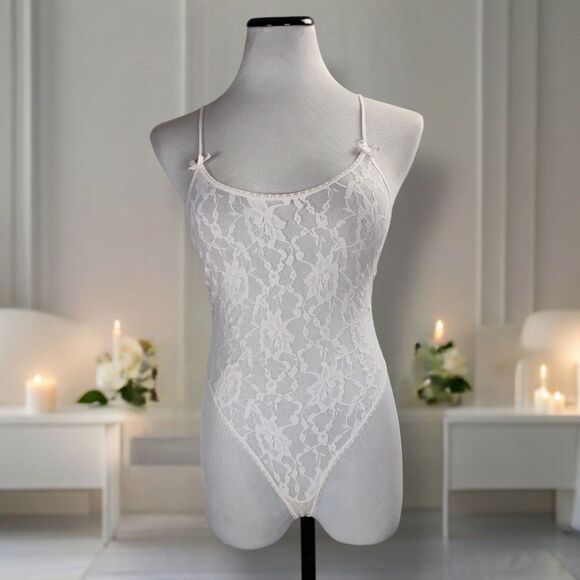 Vintage White Sheer Stretch Lace Teddy Size S Floral Backless Bridal Bodysuit